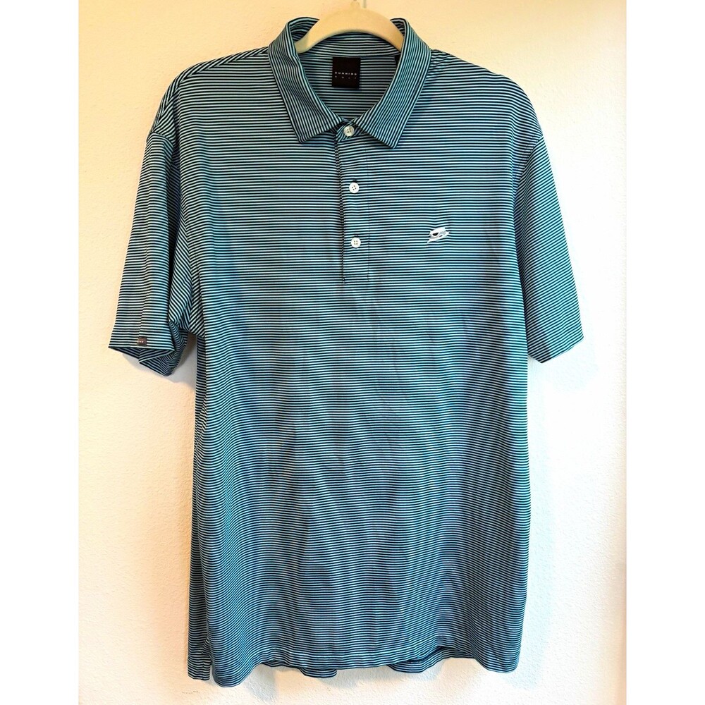 Dunning Golf Men’s M Blue/Black Striped Stretch Knit Polo Shirt Short Sleeve